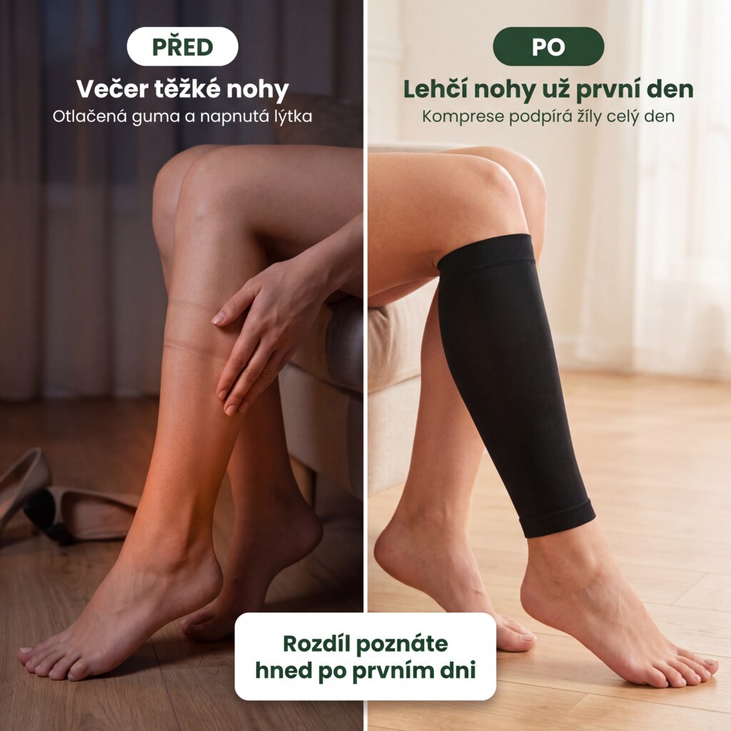 Nohy před a po nasazení kompresního návleku na lýtko
